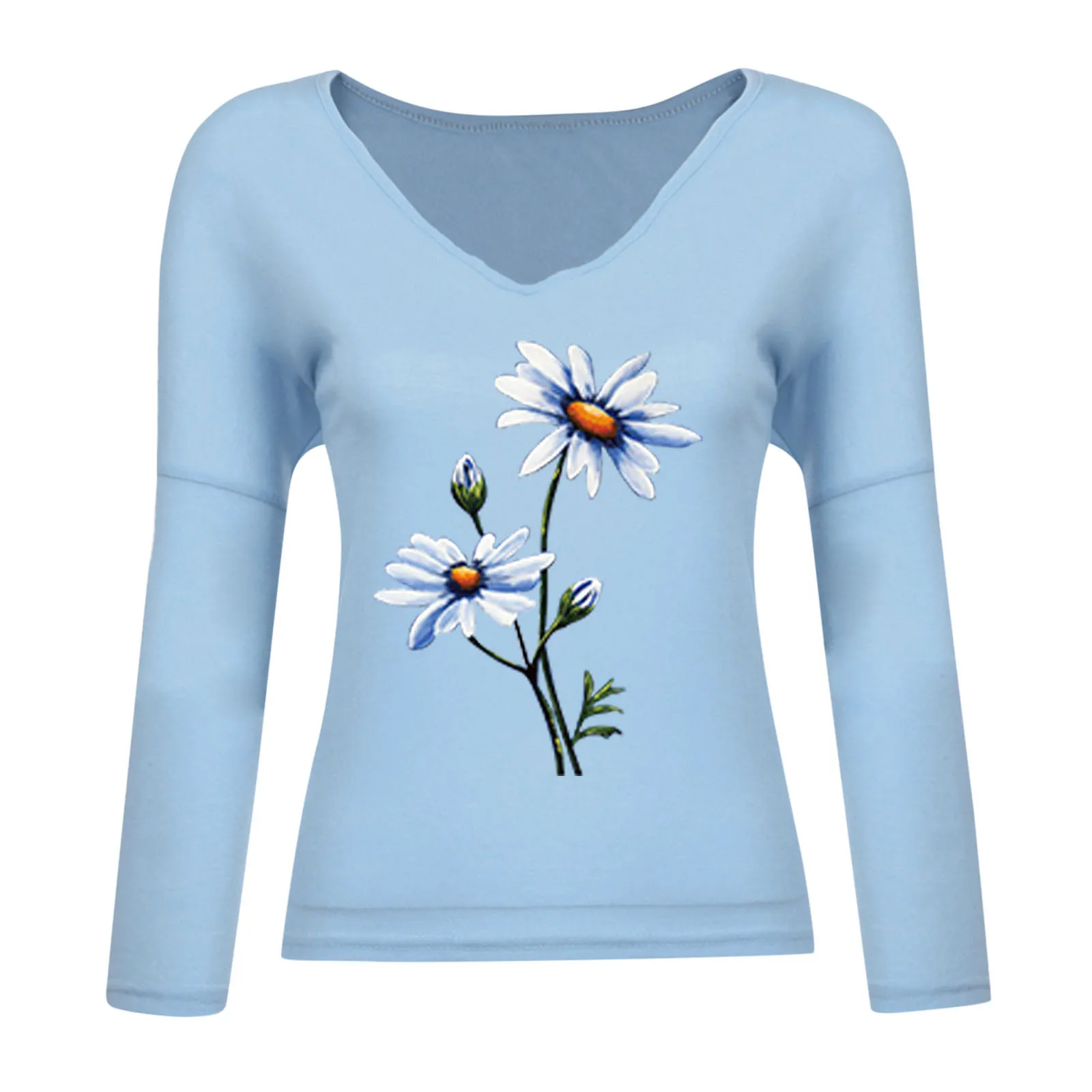 

2021 Women's Clothing Autumn and Winter New Fashion Women's V-neck Flower Print Long-sleeved Casual Loose T-shirt Plus Size