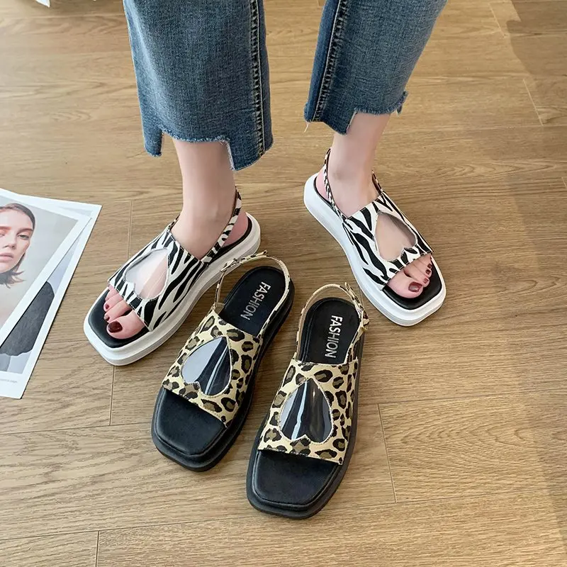 

Leopard Print Shoes Roman Sandals Clogs With Heel Buckle Strap Med 2021 Summer Espadrilles Platform Open Toe Gladiator Thick Med