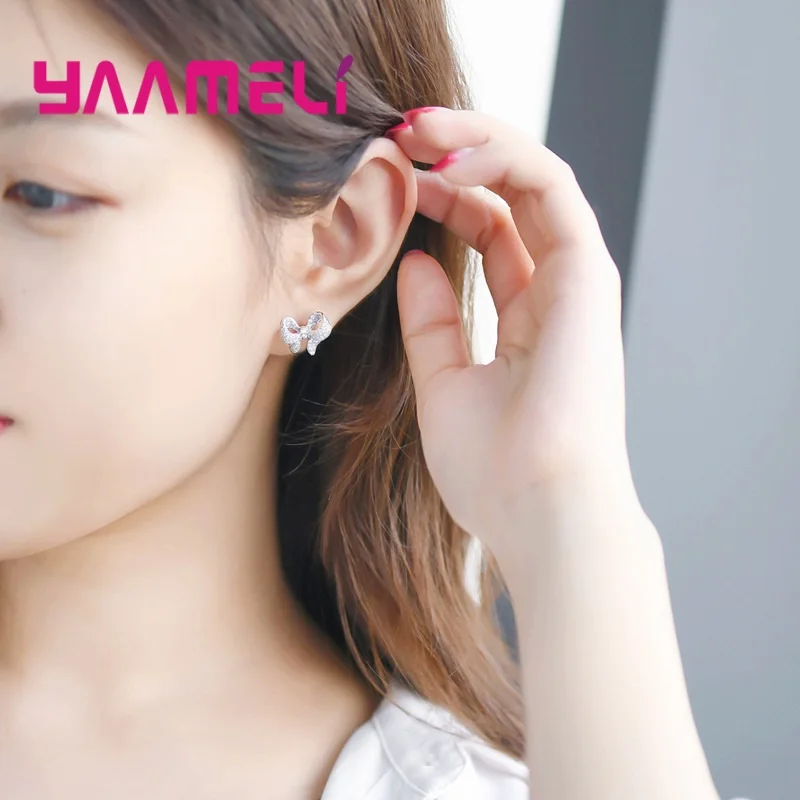 Korea OL Stylish Full Austrian Crystal CZ Earrings Pendientes Fine 925 Sterling Silver Bowknot S925 Jewellery | Украшения и