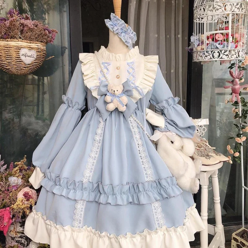 

Sweet Lolita Dress Women Kawaii Lace Maid Costume Dress Cute Bear Japanese Girly Gothic Party Robe Renaissance Vestidos 2021