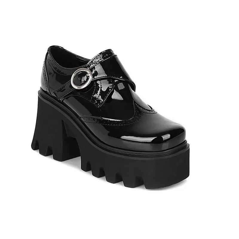 

Casual Woman Shoe Loafers With Fur Female Footwear Square Toe Autumn Shallow Mouth Patent Leather Ballet Flats Clogs Platform Sl