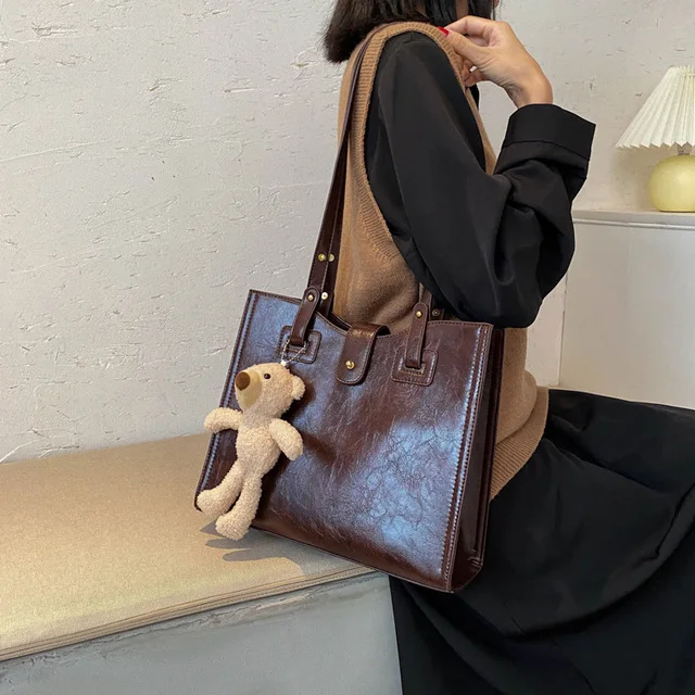 

High Quality PU Leather Retro Women Tote Shoulder Bag 2020 Autumn New Fashion Large-Capacity Lady Commuter Casual Handbag Purse