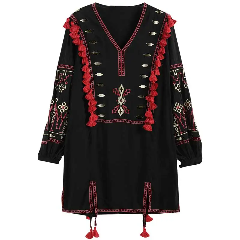 Boho Inspird женская блузка рубашка Ретро Народная украинская вышивка блузки в богемном стиле бахрома с кисточками Топ с длинным рукавом льняные блузы