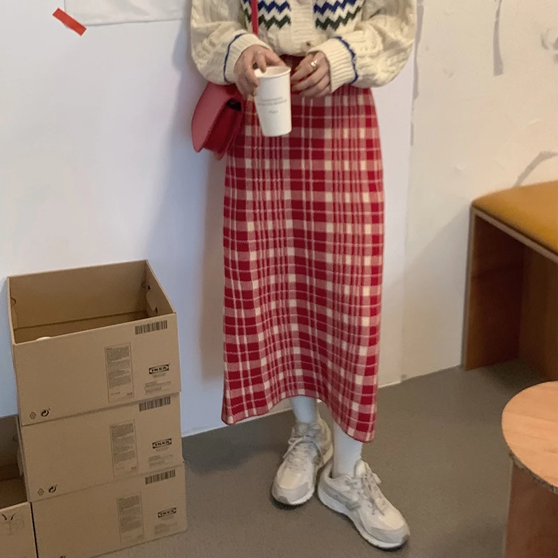 

Knitted Straight Plaid Skirt Women Elegant 2021 New Autumn And Winter High Waist Long Warm Skirts Casual All-Match юбка