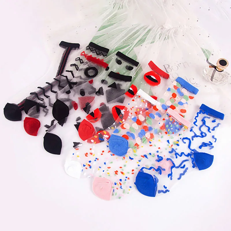 

Q 1Pair Nylon Wavy Pattern Mid Tube Socks Harajuku Net Yarn Ankle Sock Transparent Glass Silk Retro Korean Sox for Kawaii Women