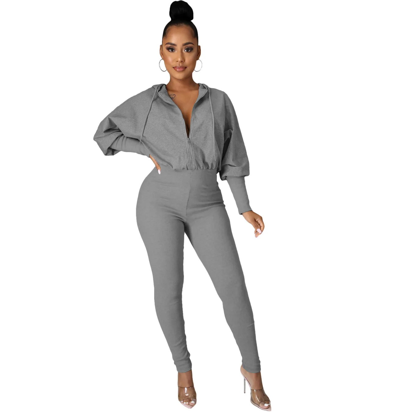 

Streetwear Sweater Rompers Womens Jumpsuit Bodycon Winter Fall Elastic Zipper Hooded Playsuit Long Sleeve Ladies Overall 2021