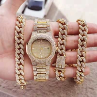 32pcs necklacewatchbracelet hip hop miami cuban chain gold color iced out paved rhinestone rapper men jewelry set women watch