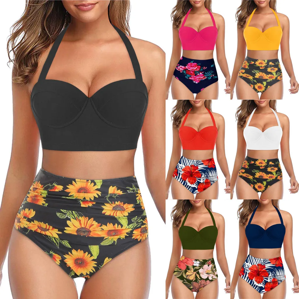 

High Waist Swimwear 2021 New Floral Print Bikinis Women Swimsuit Vintage Retro Bathing Suit Halter Neck Backless Bikini Set