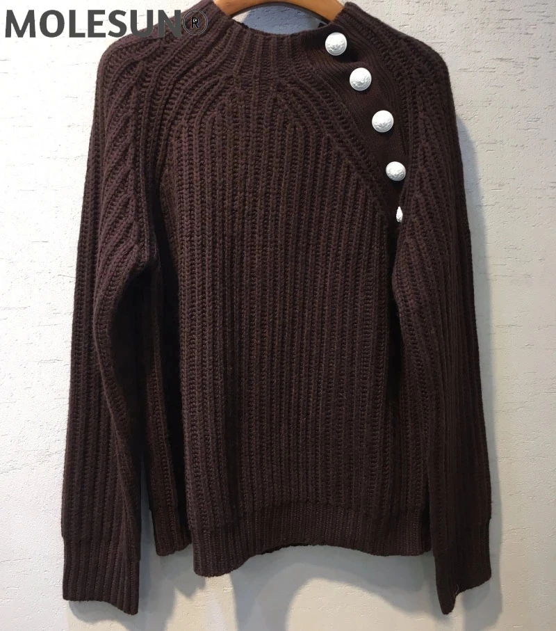 

2021 winter new Wool Cashmere Sweater Coffee Round Neck Shoulder White Buttons Long Sleeves Woman Oversized Jumper