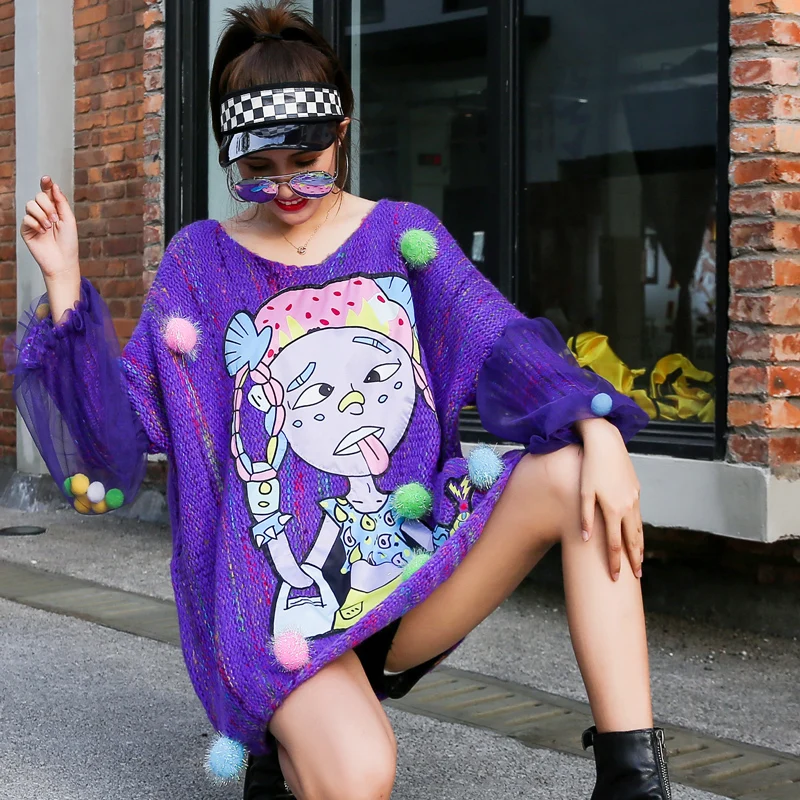 QING MO Purple Women Pullovers Sweater 2020 Cartoon Printed Female Knitted With Colorful Beading ZQY5228 | Женская одежда