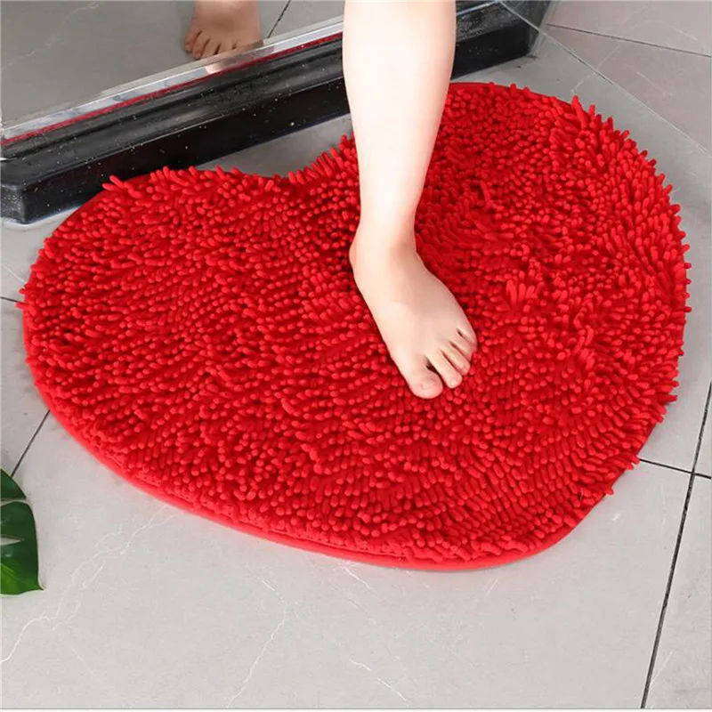 

Bathroom Love Heart Shape Carpet Solid Green Red Bath Mats Doormat Tapete Para Quarto Non-sllip Chenille Bedroom Rug Floor Mat