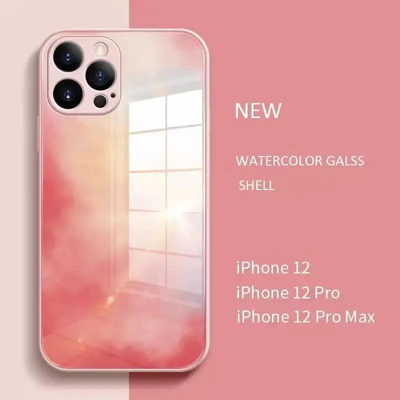 

Liquid Square Tempered Glass Shockproof Case For Iphone 12 11 Pro Max XR X XS Max 7 8 Plus 12 Mini SE 2020 Watercolor Back Cover