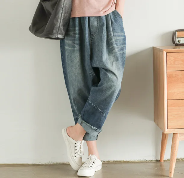 Осенние джинсы женские большие размеры свободные 2019 Новый женский эластичный