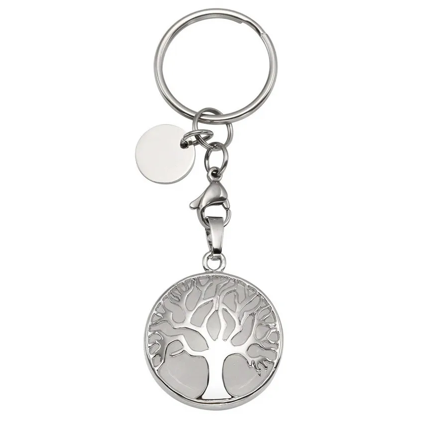 

FYSL Silver Plated Circle Tree of Life Clear Quartz Round Key Chain Lapis Lazuli Trendy Jewelry