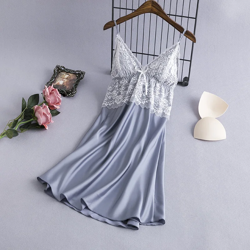 grey blue Fiklyc, нижнее белье, шелковые пижамы для женщин, костюм для сна, новинка, летняя Пижама, mujer, сексуальное кружевное белье, женская пижама, атласная, лучшее - Цвет: grey blue