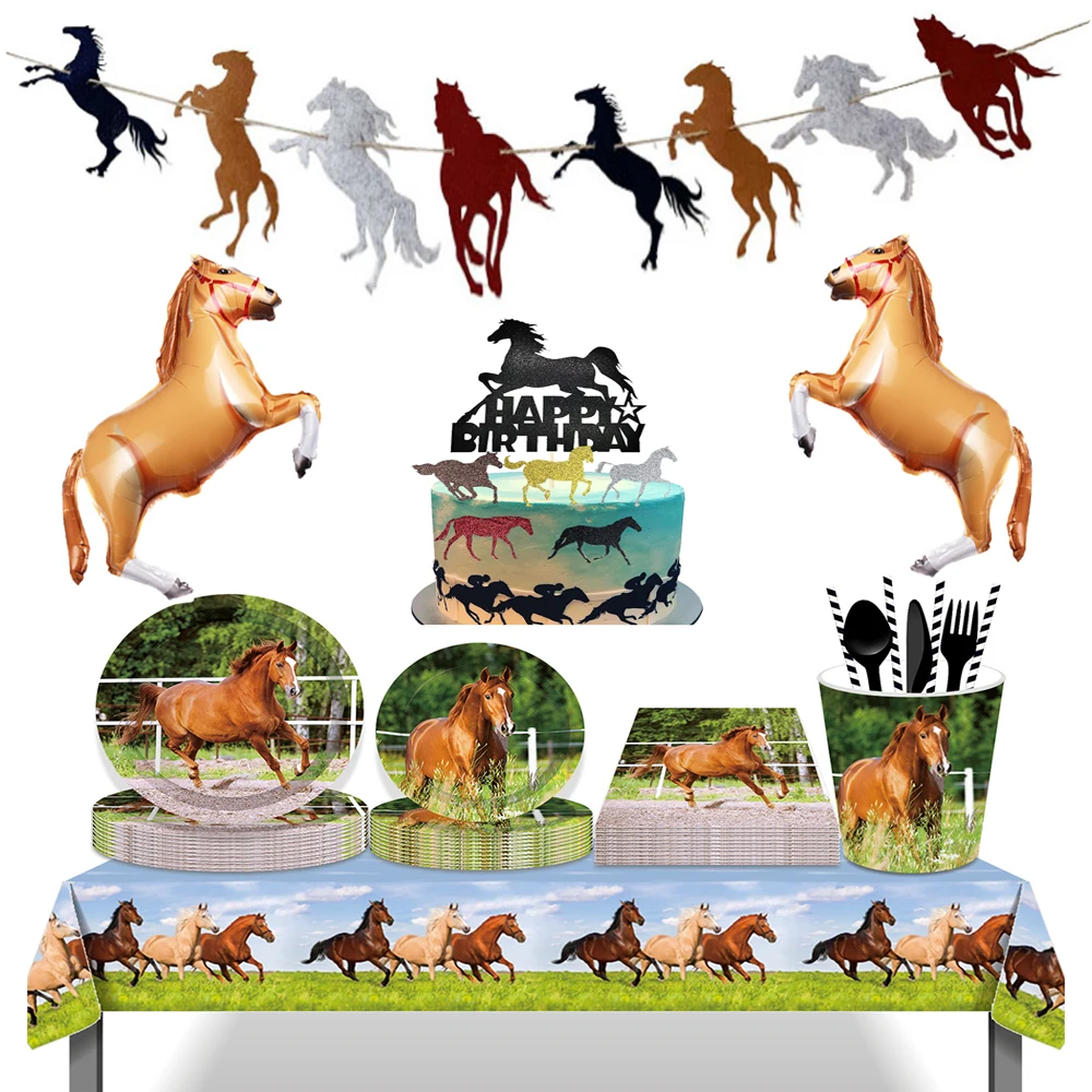

Horse Racing Theme Birthday parDecorations Horse Disposable Napkins Paper Plates Banner For Child Birthday Supplies Party Deco