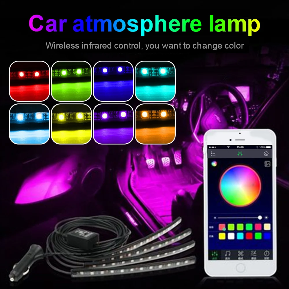 

12V LED RGB Car Interior Atmosphere Light Footwell Cigarette Lighter Bar Decoration Lamp Remote Control