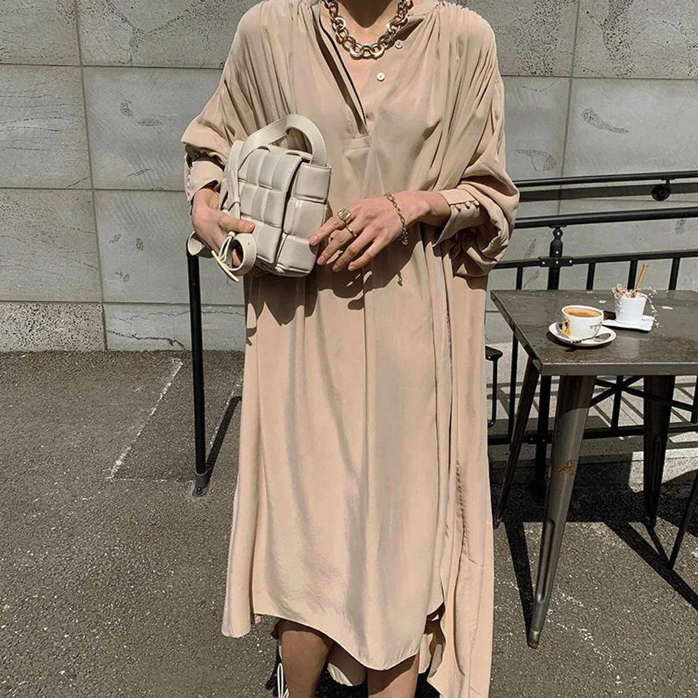 Женское свободное платье в японском стиле повседневное однотонное с