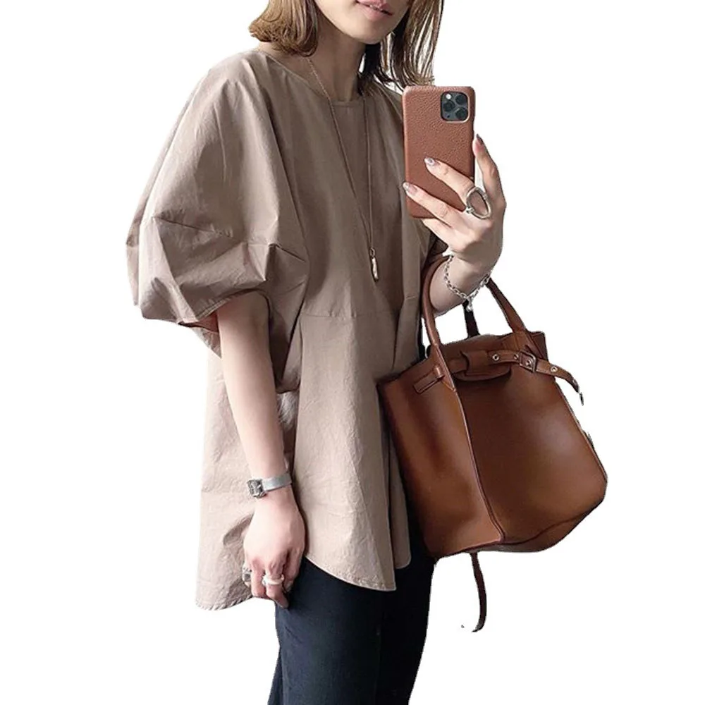 

2021 Summer New Women's Blouse Lantern Sleeve Solid Color Temperament Commute Round Neck Summer Casual Korean Fashion