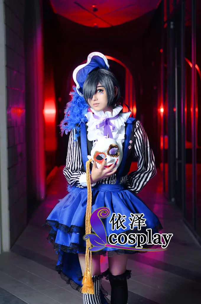 Комплект косплея Черный Дворецкий: костюм Циэля Фантомхайва из цирка, синий комбинезон + рубашка + жилет + шорты + шляпа + галстук.