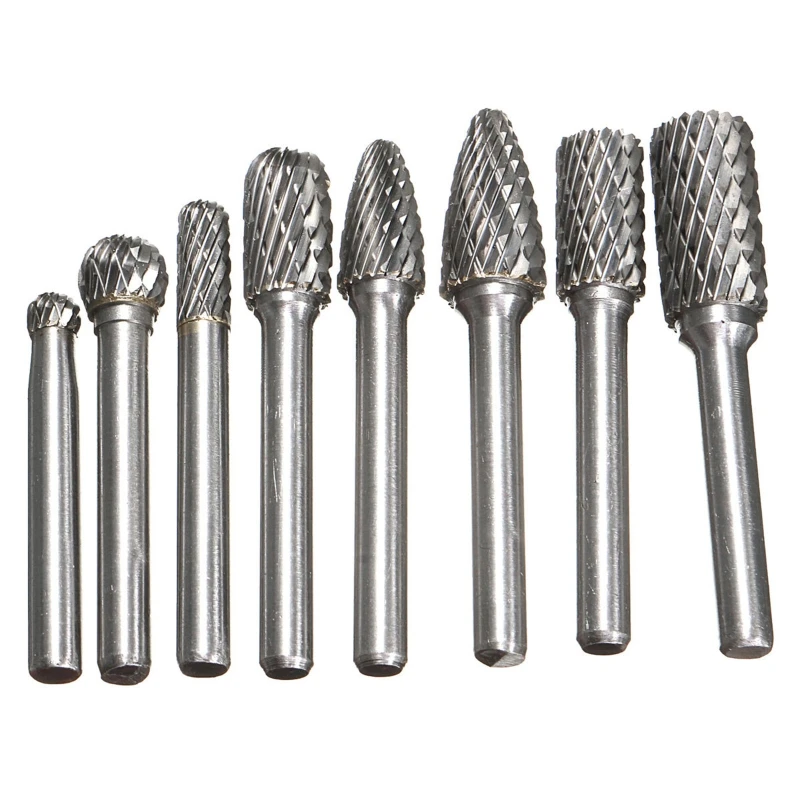 

8pcs 6mm Shank Tungsten Carbide Carving Burrs Bit Double Cutter Burring File Die Grinder Drill for Metal Wood Grinding Polishing