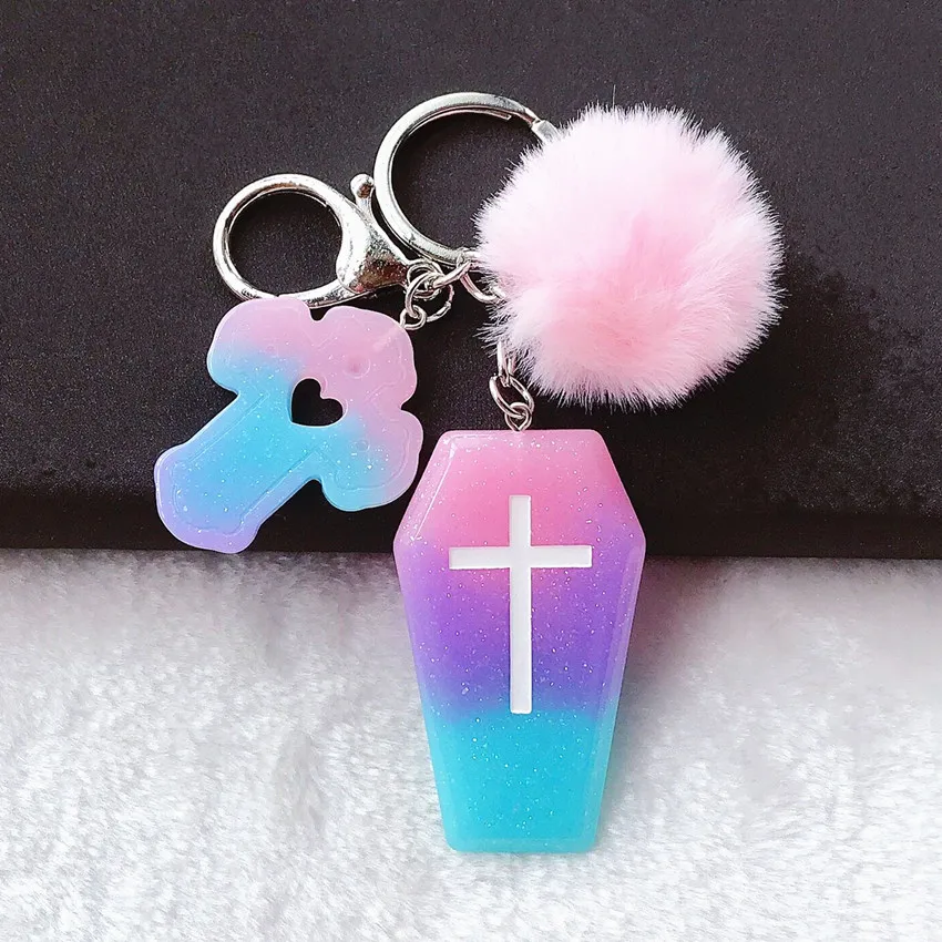 

1PC Women Keychain Fasion Glitter Coffin Planchette Flatback Rresin Handbag Keyring with Puffer Ball Cross Board Charms
