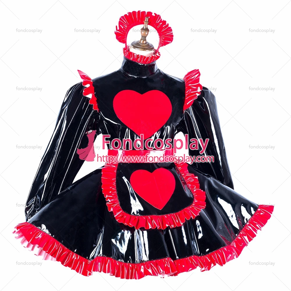 fondcosplay adult sexy cross dressing sissy maid black heavy pvc dress lockable Uniform Heart apron costume Tailor-made[G2193] |