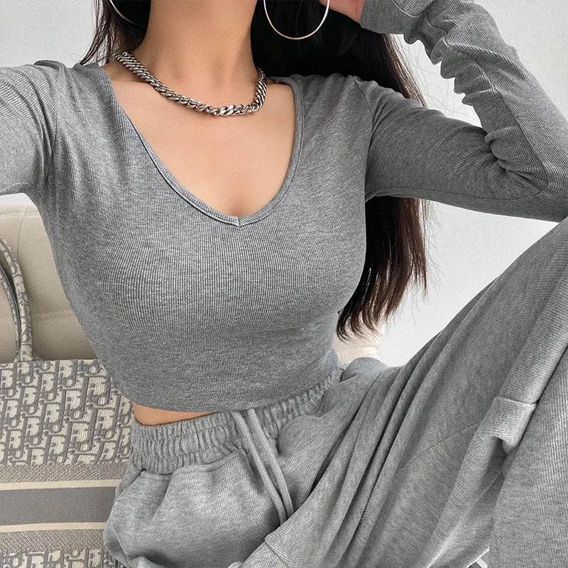 

Футболка женская базовая с V-образным вырезом и длинным рукавом, P0JK