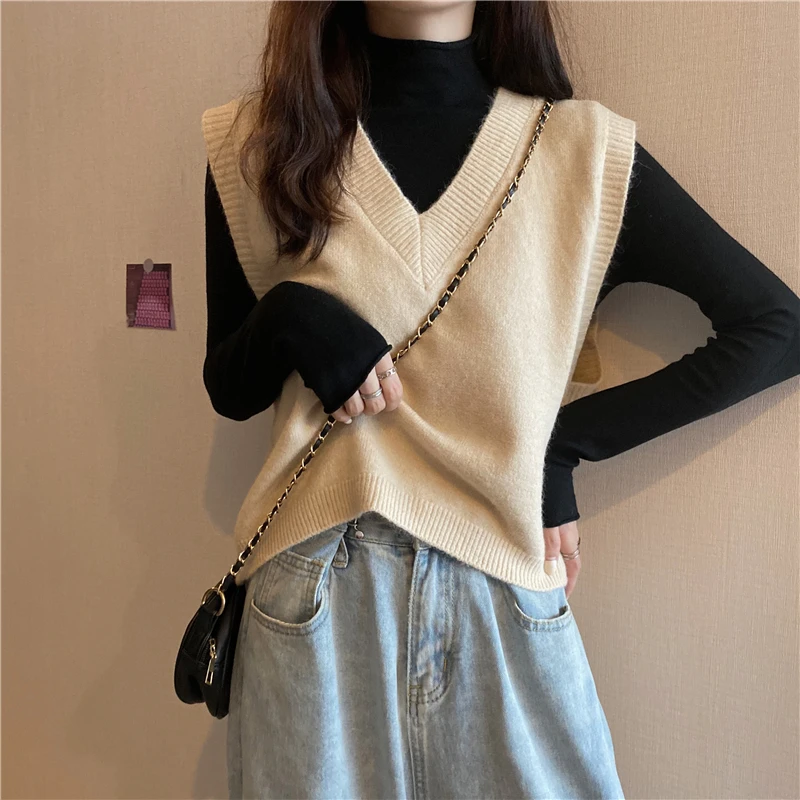 

Autumn Korean Fahion Sleeveless Midi Sweater Vest Women V-neck Loose Knitted Vests Solid Loose Tank Tops Pullover Outwear