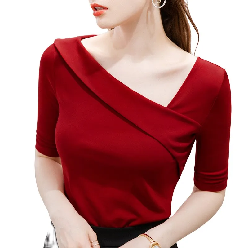 

Women Slim T Shirts Korean Casual Half Sleeved Good Elastic Oblique Neck Shoulder Female T-Shirt Top Tees Solid Color Black Red