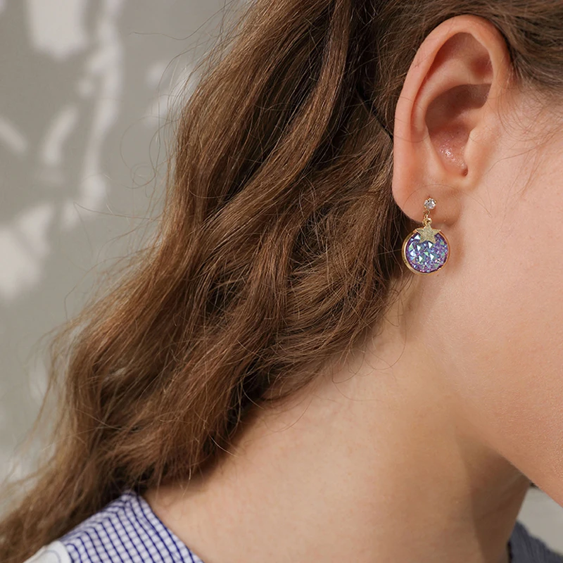 Simple Rhombic Star Resin Round Disc Clip Earrings Women Shinny Bright Purple Stone Clip on Earrings No Pierced Hole