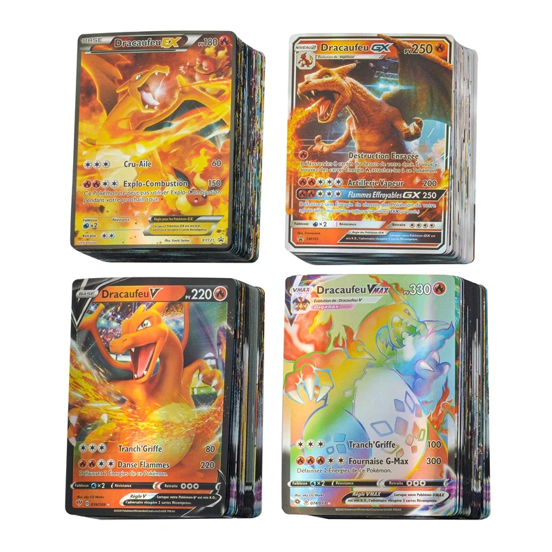 Juego de cartas de Pok&eacute;mon franc&eacute;s para ni&ntilde;os, juguete de cartas de Pikachu hologr&aacute;fico de energ&iacute;a, entrenador de equipo GX EX V VMAX, regalo de cumplea&ntilde;os, 100 Uds.-0