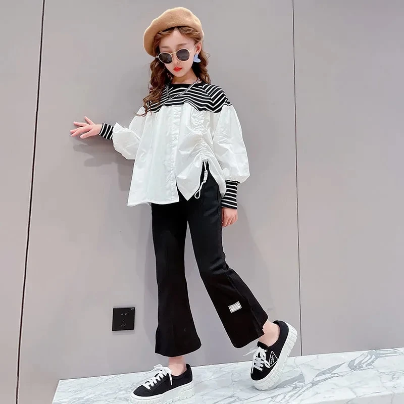 

Teen Set Autumn Clothes Kids Girls Suits Children's Fashion Outfit 2pcs Set Strip Patchwork Loose Tops Flared & Pants for 10 12y