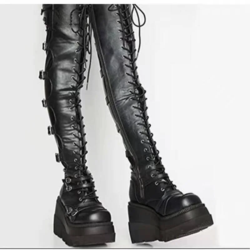 

2021 New Arrival Brand Lady Thigh High Boots Platform Buckle Wedges Thick Bottom Women Boots Cool Street Shoes Woman Size 35--43