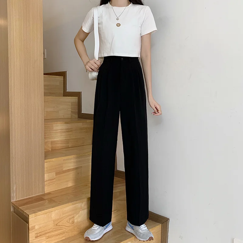 

Women Straight Pants Loose Bottom Empire Korean Style High Quality All-match Retro Elegant Zipper Fly Female Chic Ins Stylish