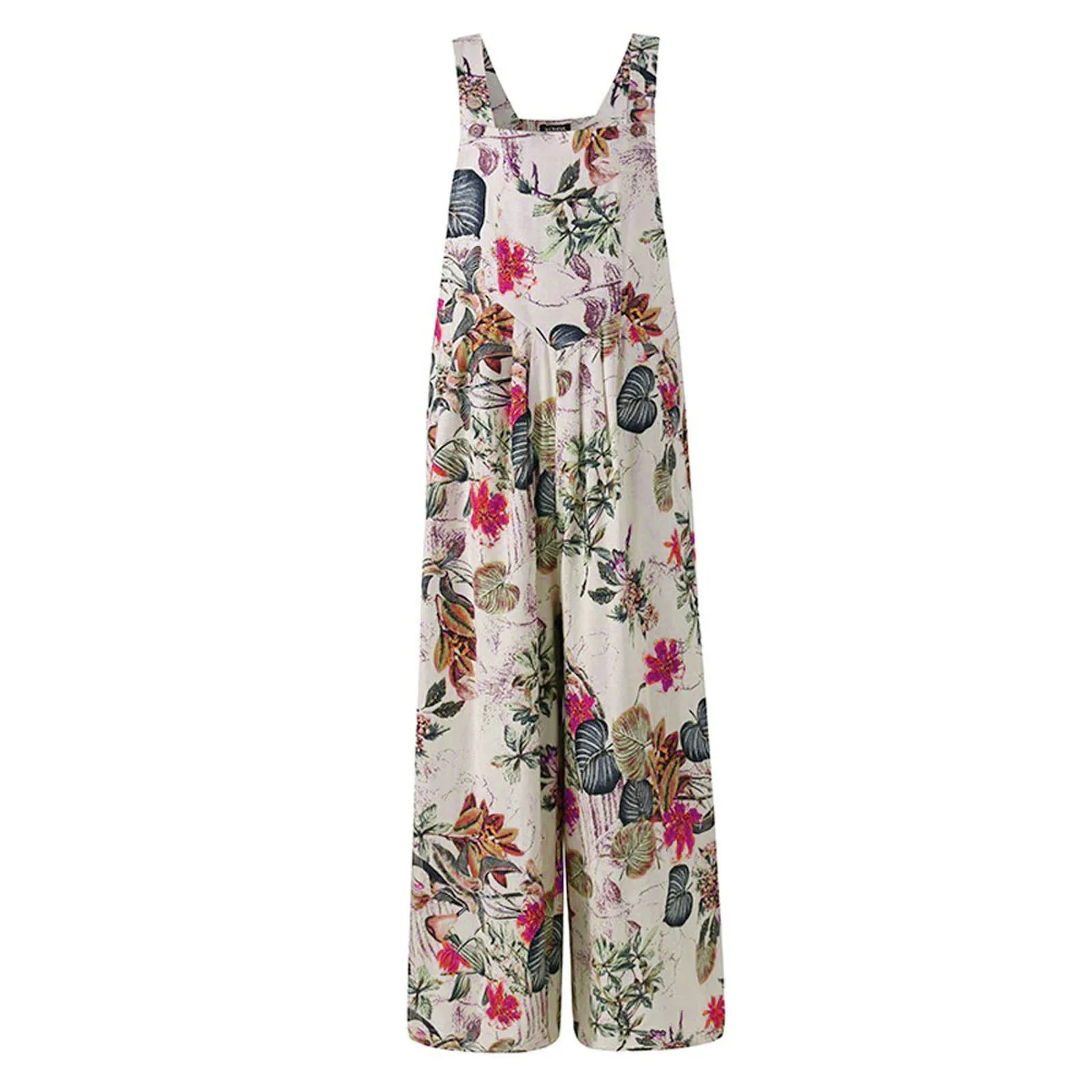 

Women Summer Jumpsuit Leaf Floral Print Square Neck Sleeveless Casual Overalls with Pockets for Girls 3 Colors