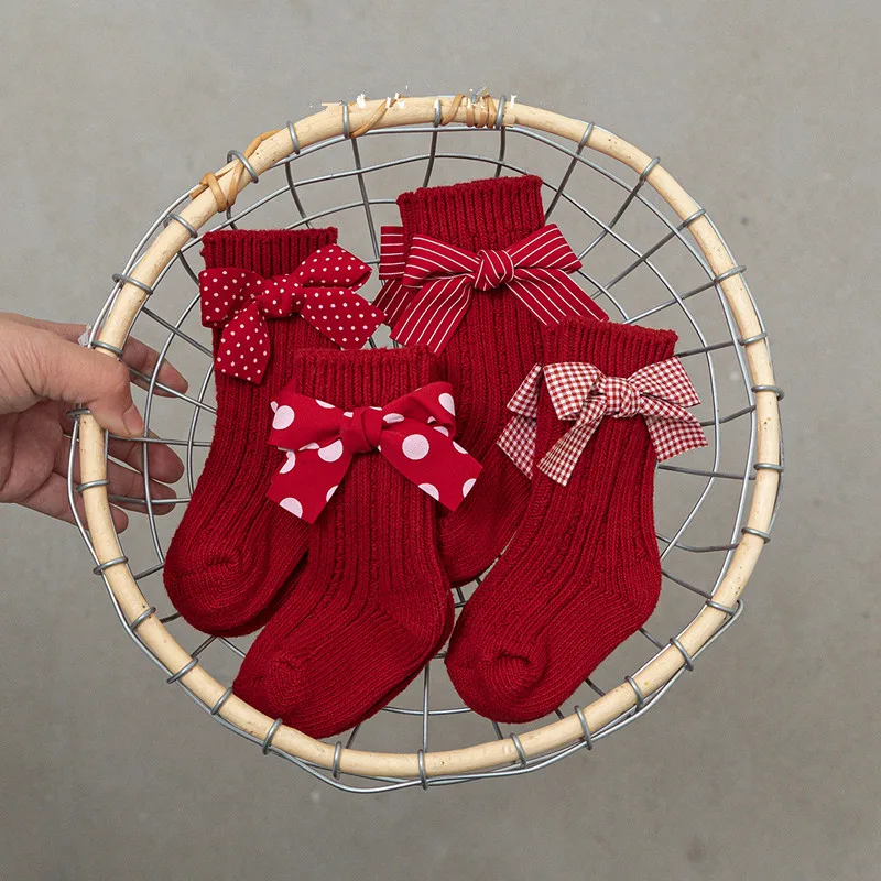 1 пара детские рождественские носки с красным бантом в полоску горошек | Детская