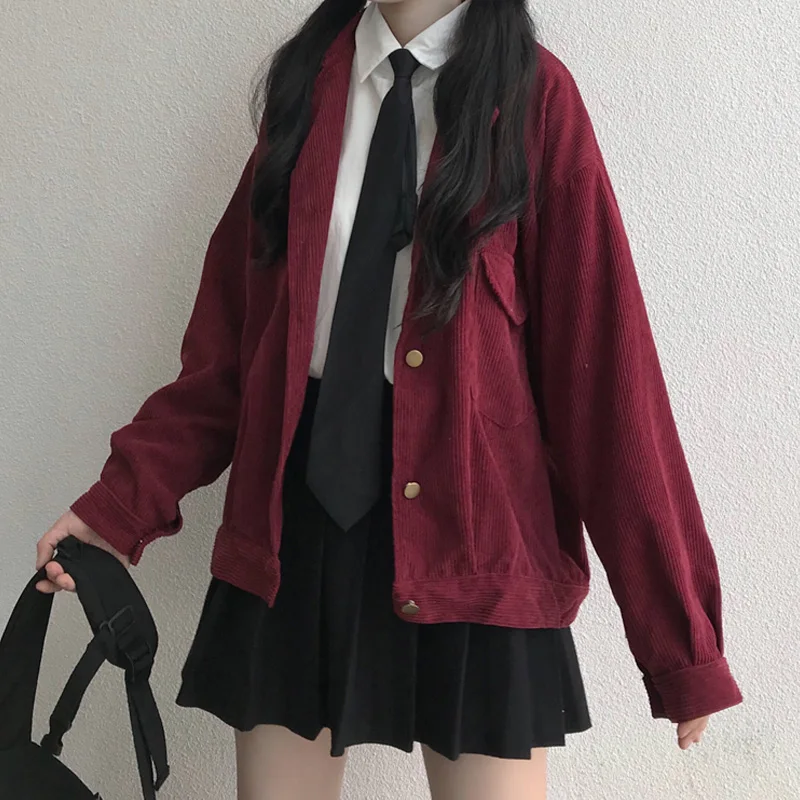 

Japanese Sweet Cute Jacket Women 2021 Autumn New College Style Corduroy Wild Retro Outer Clothing Red Wine Soft Girl Loose Coat