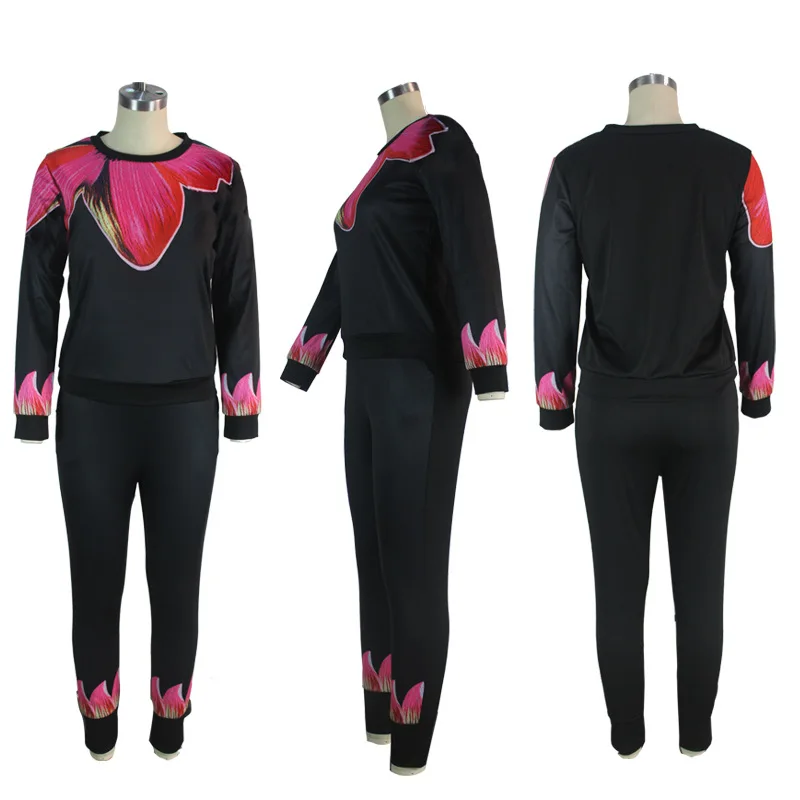 

Floral Printing Casual Sportwear Women Tracksuits High Waist Fashion Sweatpants Long Sleeve -neck Pullover Autumn Two-Piece Set