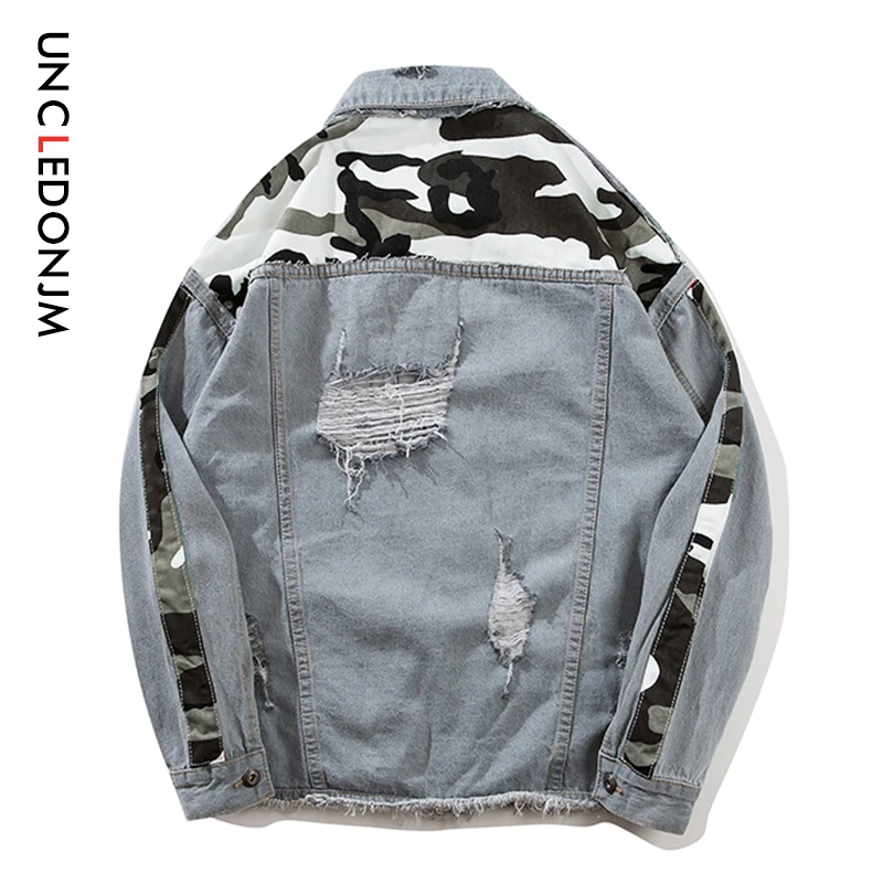UNCLEDONJM камуфляж лоскутное рваные с дырками джинсовые куртки для мужчин 2019 хип хоп