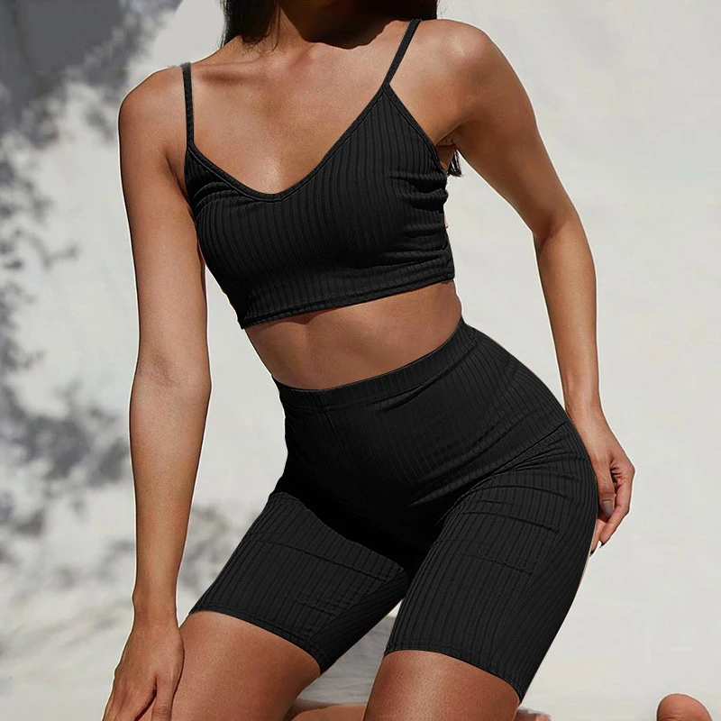 

Ribbed Bodycon Club Women Two Piece Sets Strap Sleeveless Solid Crop Top And Biker Shorts Set Casual Fashion Outfits