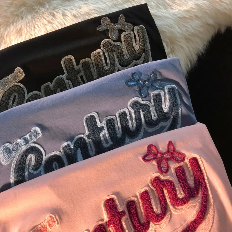 

2021 Summer Korean Letter Personalized Shirt Student Short-sleeved T-shirt Flocking Embroidered Cotton O-neck Loose Tops