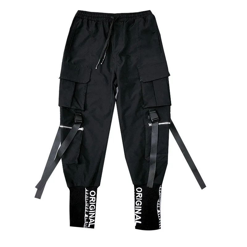

Embroidered Cargo Pants Men's Ribbon Black Pants Mid-waist Pencil Pants Male's Multi-pocket Jogging Pants Mens Hip Hop Clothing