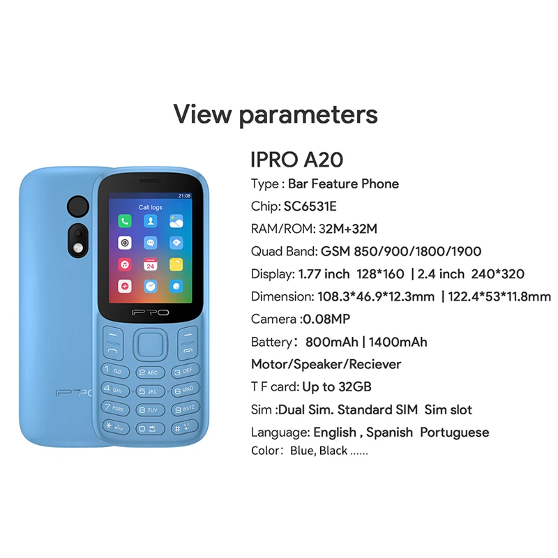 

Telefone IPRO A20Mini Feature Mobile Phones 800mAh English Spanish Language Led Flashlight GSM Dual SIM Card Rugged CellPhone