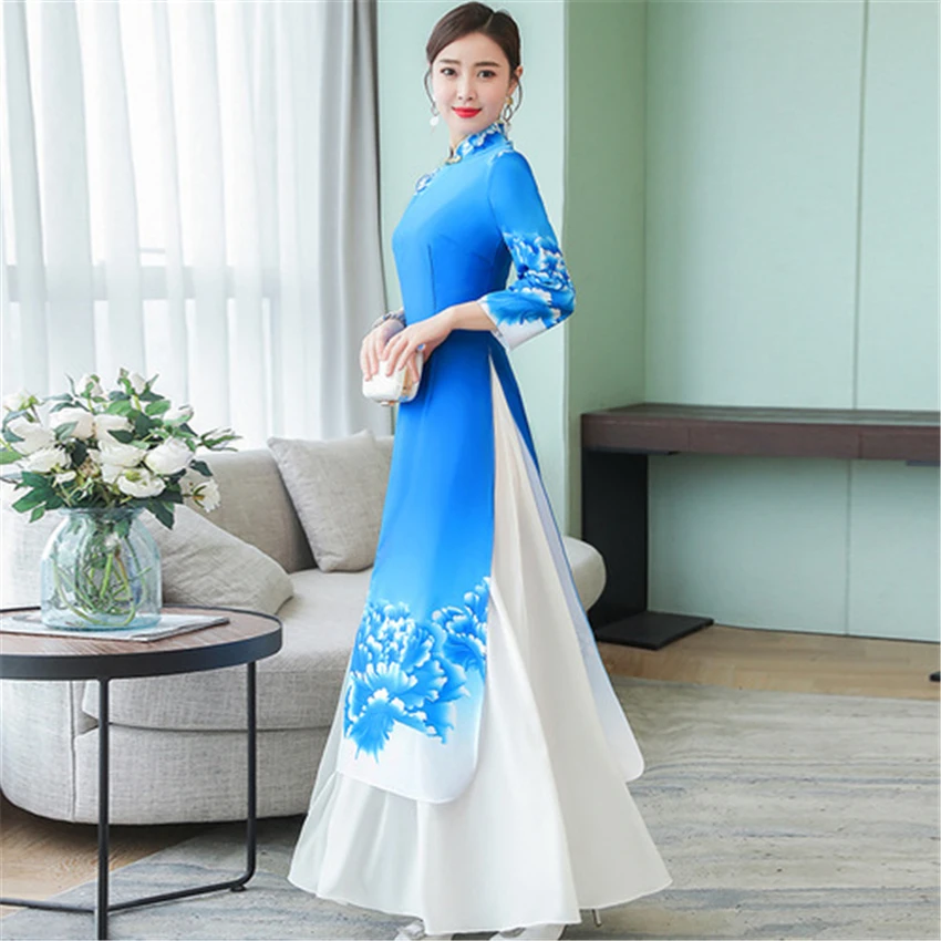 Летнее изящное китайское платье-Ципао Aodai, азиатское платье в народном стиле, народное платье с воротником для женщин, длинное классическое платье в античном стиле