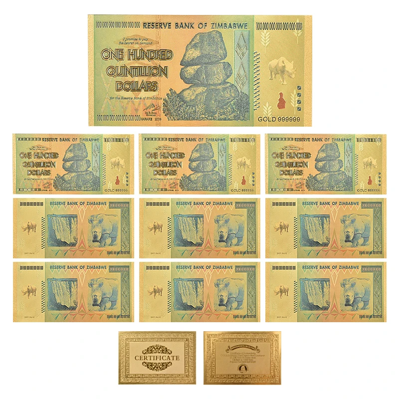 10pcs Z100 Quin Zimbabwe$ Z100 триллион/100 кинтриллион/5 октиллион/100 декальон долларовые банкноты из золотой фольги реплики банкнот Бумажные деньги бизнес подарок - Цвет: 10pcs Z100 Quin