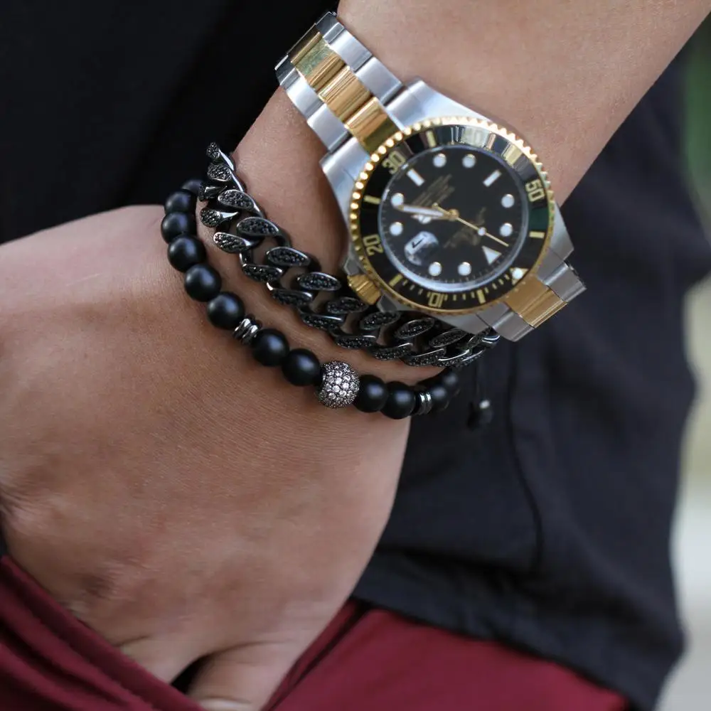 Мужской Эластичный браслет черный 8 мм с микроинкрустацией 10 из черного/белого