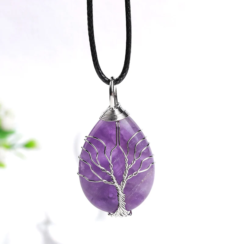 

1PC 100%Natural Amethyst Rose Quartz Tree Of Life Pendant Healing Amulet Quartz Necklace Love Gems Charm Unisex Jewelry DIY Gift