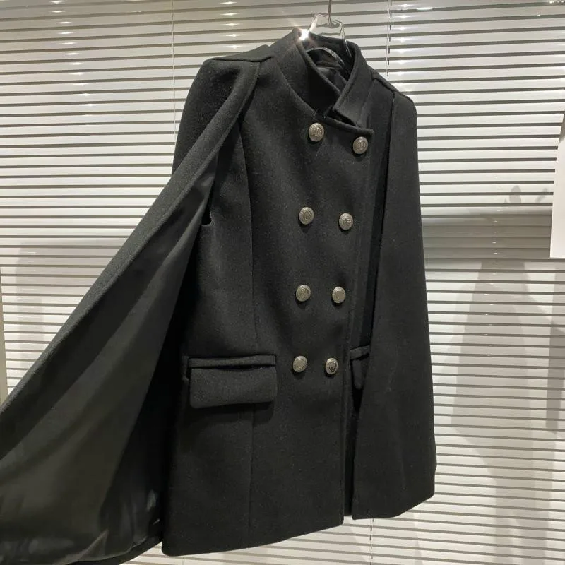 

Ladies Poncho Wool Coat Stand Collar Women New Retro Metal Bottons Elegant Shawl Woolen Blend Cape Jacket Party Clothes