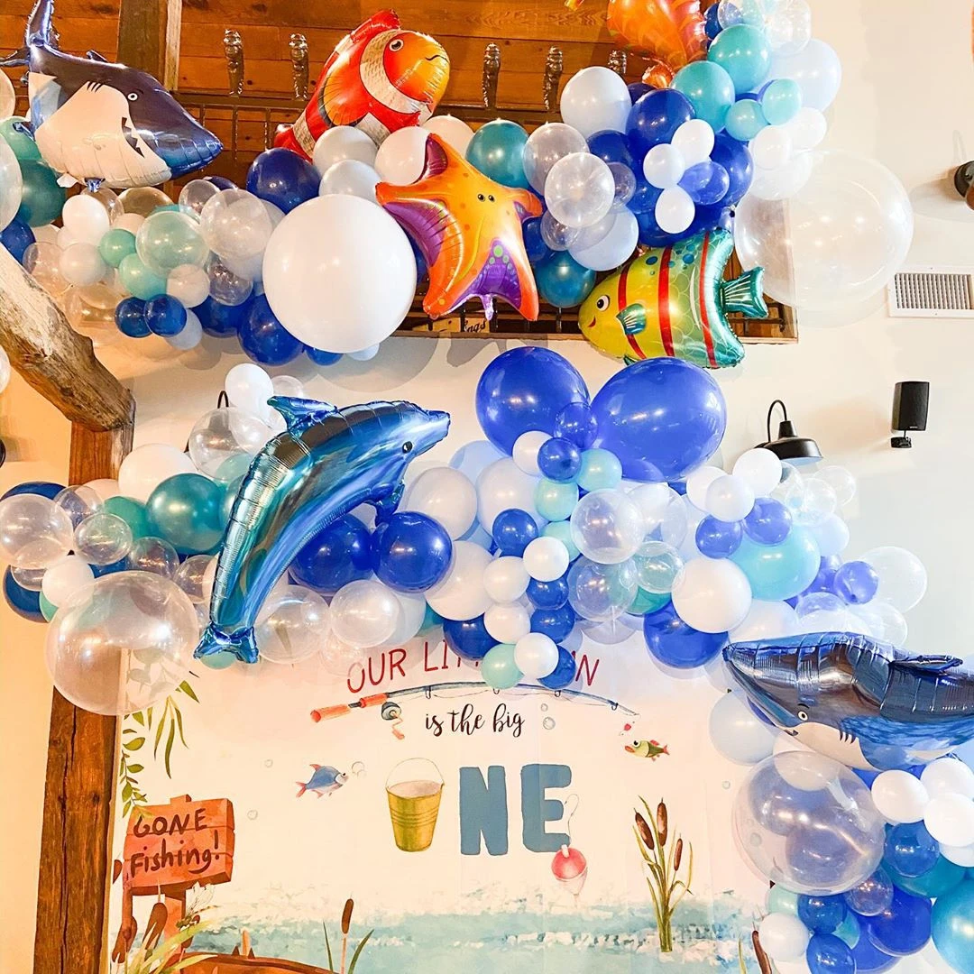 

1SET Shark/Dolphin/Fish Cartoon Balloons Sea Animal Cupcake Toppers Happy Birthday Kids Paper Garland Decoration Party Supplies